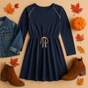 Boden Girls Blue Long Sleeve Drawstring Waist Gold Trim Skater Dress Size 13-14Y